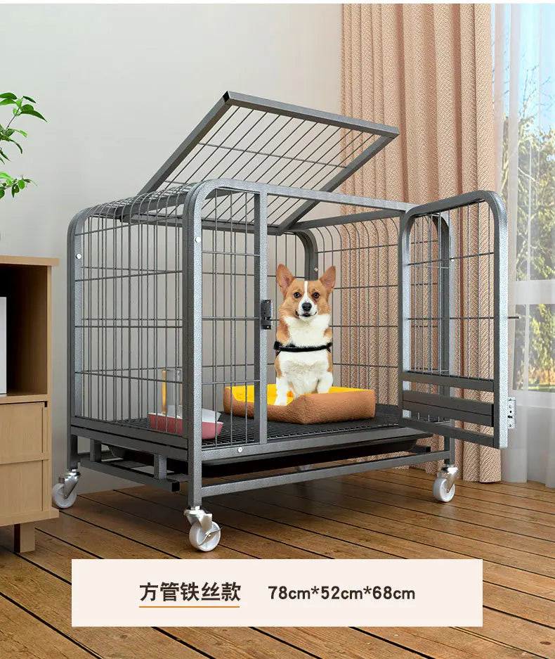 Heavy Duty Square Tube Dog Cage for Medium Large Dogs Indoor Metal Kennel with Toilet Tray Foldable Iron Pet Crate Furniture