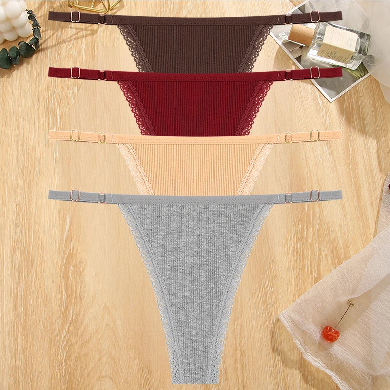4Pc G-String Cotton Lace Women Thongs Lingerie Low Rise Panties Adjustable Waistband Straps Hipster Underwear For Girl Intimates