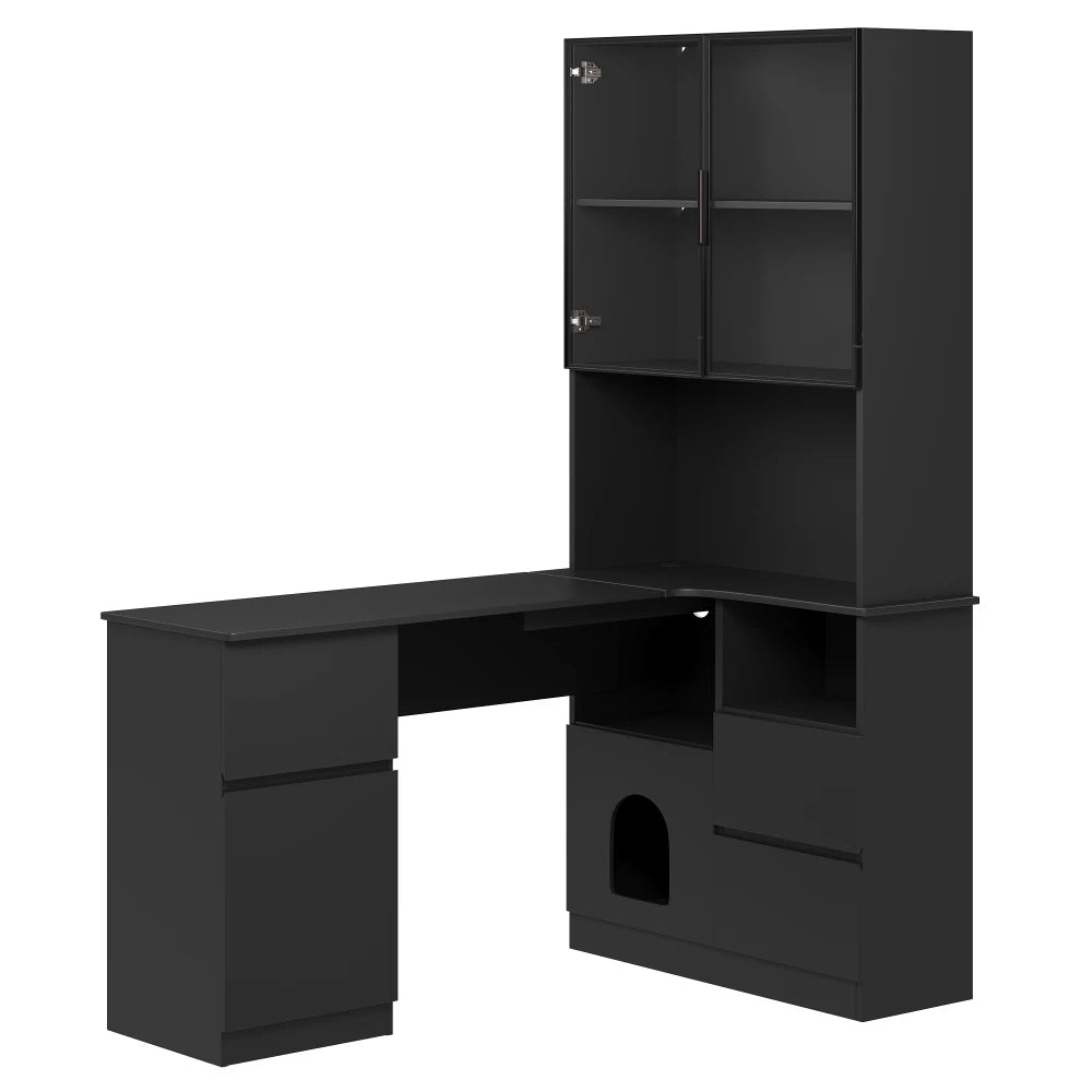 Corner Desk with Shelf and LED Display Cabinet, Desk with Cable Outlet, 3 Drawers, 2 Doors, Open Compartments, Built-in Bookcase