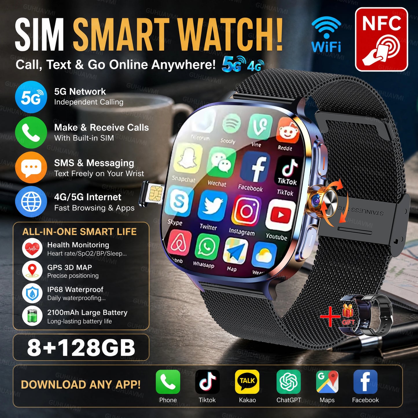 2026New 5G SIM Smart Watch 2.4" AMOLED 8+128GB GPS+NFC WIFI 1000W HD Camera IP68Waterproof Health Monitor Android Smartwatch Men