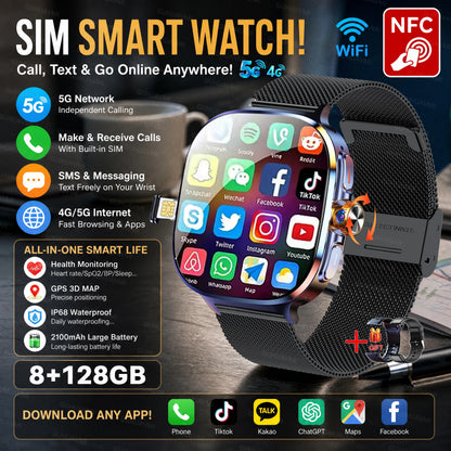 2026New 5G SIM Smart Watch 2.4" AMOLED 8+128GB GPS+NFC WIFI 1000W HD Camera IP68Waterproof Health Monitor Android Smartwatch Men