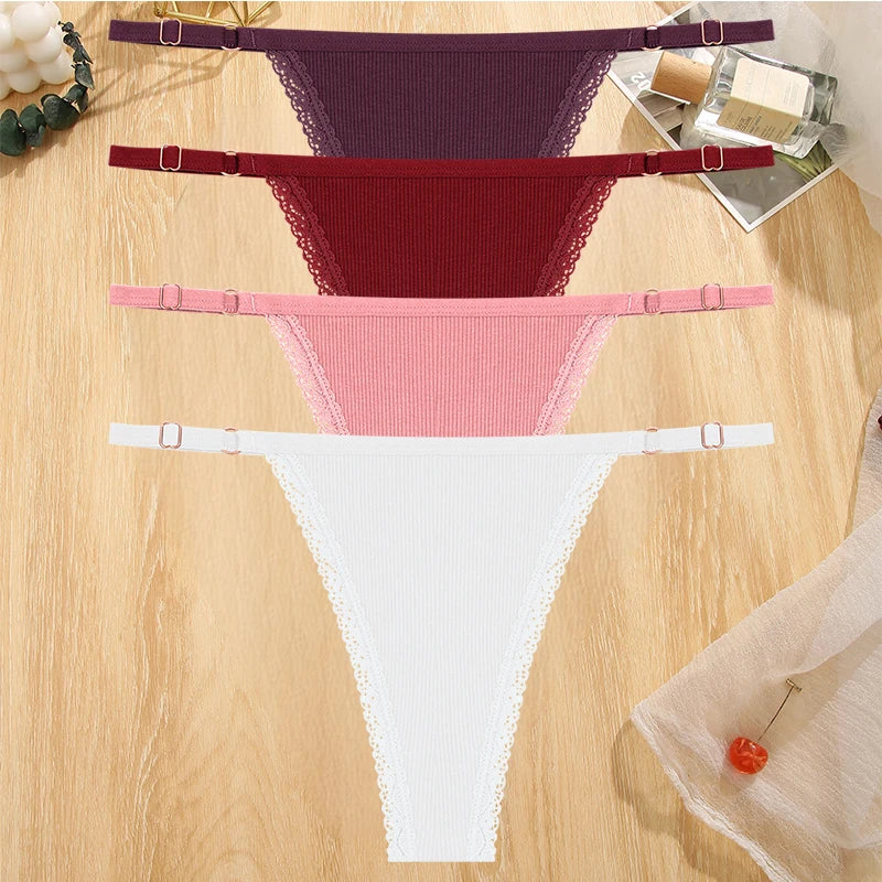 4Pc G-String Cotton Lace Women Thongs Lingerie Low Rise Panties Adjustable Waistband Straps Hipster Underwear For Girl Intimates