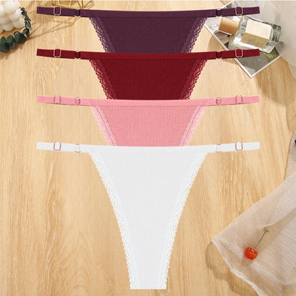4Pc G-String Cotton Lace Women Thongs Lingerie Low Rise Panties Adjustable Waistband Straps Hipster Underwear For Girl Intimates