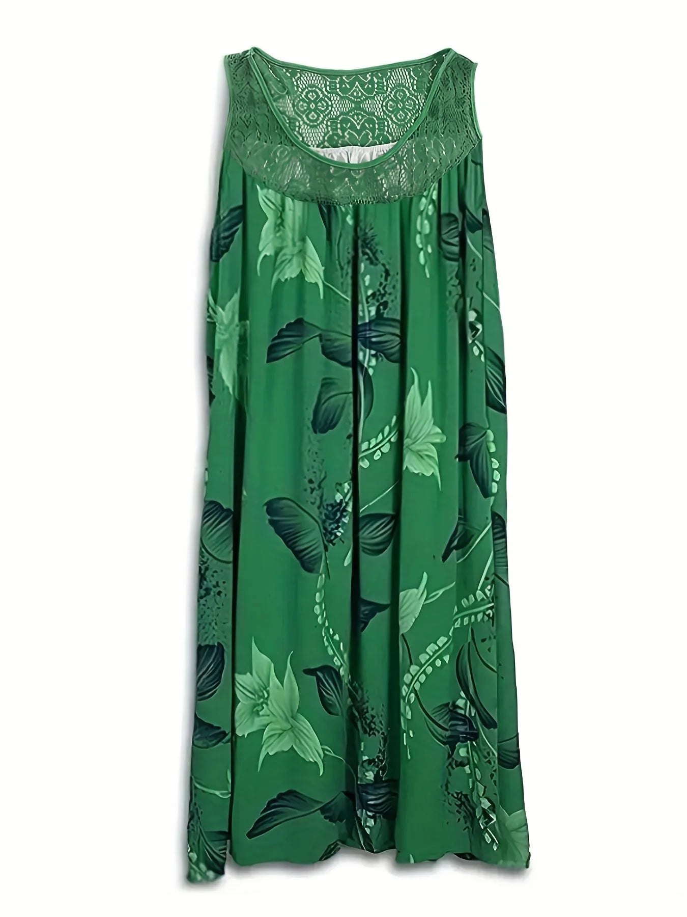 Plus size women's sleeveless round neck A-line dress with contrasting lace border floral print - knee length casual and pretenti