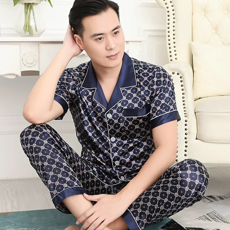 Pyjamasset herr med satinkänsla – långärmad överdel och långbyxor, L–3XL