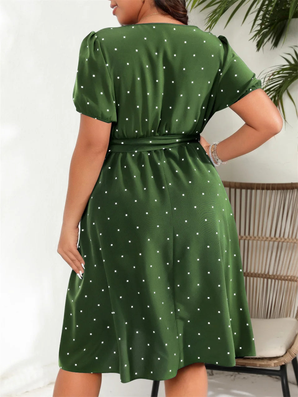 GIBSIE Plus Size Square Neck Polka Dot Belted Dress Women's Elegant Retro Puff Sleeve High Waist Summer A-line Big Swing Dresses