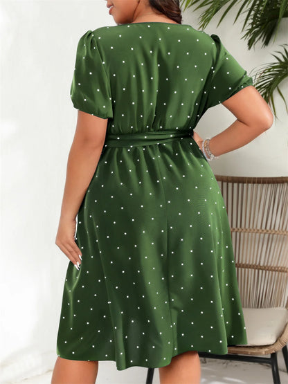 GIBSIE Plus Size Square Neck Polka Dot Belted Dress Women's Elegant Retro Puff Sleeve High Waist Summer A-line Big Swing Dresses
