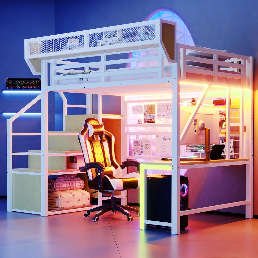 90×200cm & 140*200cm Metal High Bed, with Desk, Shelf and Storage Net, Complete with Safety Ladder, LED Lighting and Socket