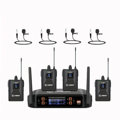 LMBGM-D44 Wireless Microphone System 4 Channel Lavalier/Headset Mic UHF Fixed Dual Band Wireless Set for Church Wedding Party