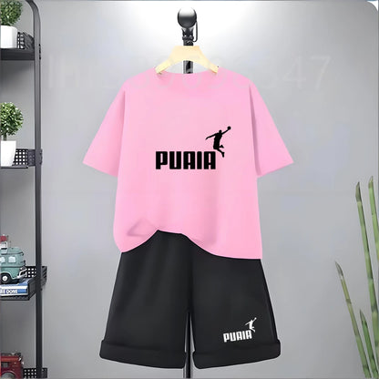 Summer Kids Print 2pcs Breathable Tees+Shorts Leisure Suits 3-12 Years Boys Girls Outfits Children Cool Black White Clothes