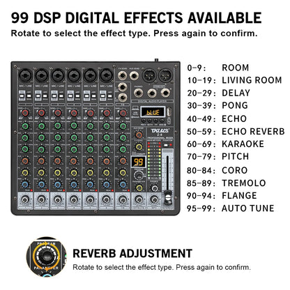 TKLBLS Z8 8 Channel Professional Mixer Bluetooth 48V 12V Battery Powered USB Studio Recording Live Show