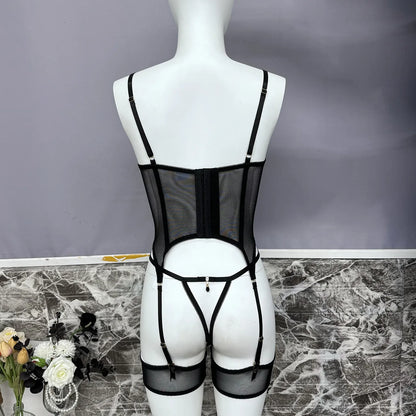 Floral Embroidered Boned Corset Lingerie Set Sheer Mesh Underwire Bustier Garter Straps Waist Cincher Romantic Night Clubwear