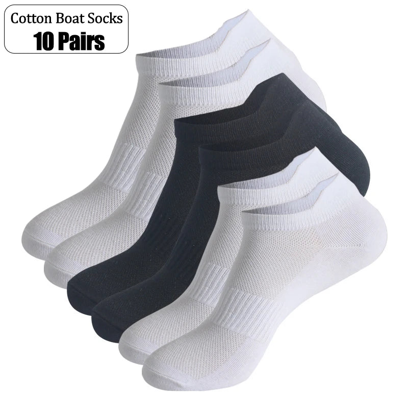 10 Pairs 100% Cotton Men Socks Summer Thin Breathable Socks High Quality No Show Boat Socks Black White Gray Short For Students