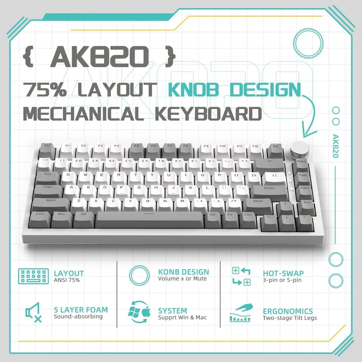 AJAZZ AK820 mekaniskt tangentbord – 75 % ANSI, volymvred och hot-swap