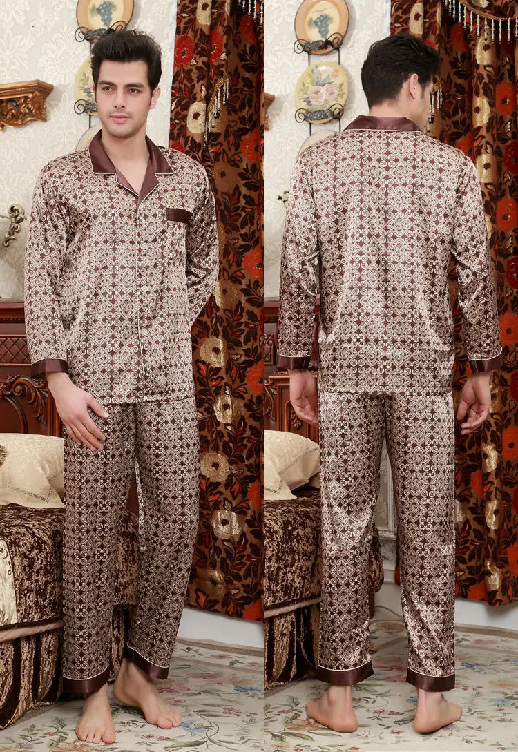 Pyjamasset herr med satinkänsla – långärmad överdel och långbyxor, L–3XL