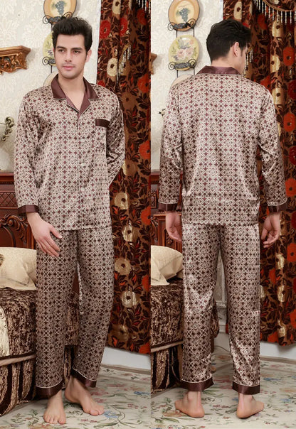 Pyjamasset herr med satinkänsla – långärmad överdel och långbyxor, L–3XL