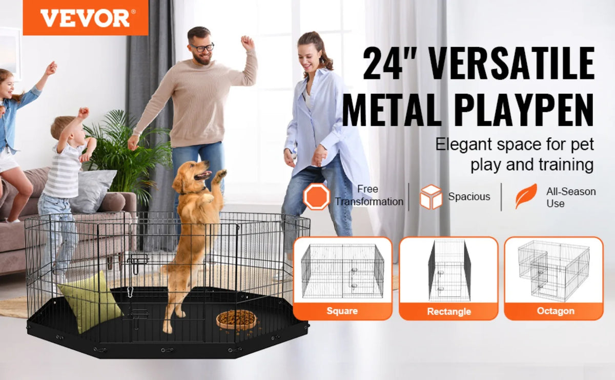 Dog Playpen, 8 Panels Foldable Metal Dog Exercise Pen with Bottom Pad, 61 cm H Pet Fence Puppy Crate Kennel with Ground Stakes, Indoor Outdoor Dog Pen for Small Medium Pets, for Camping, Yard