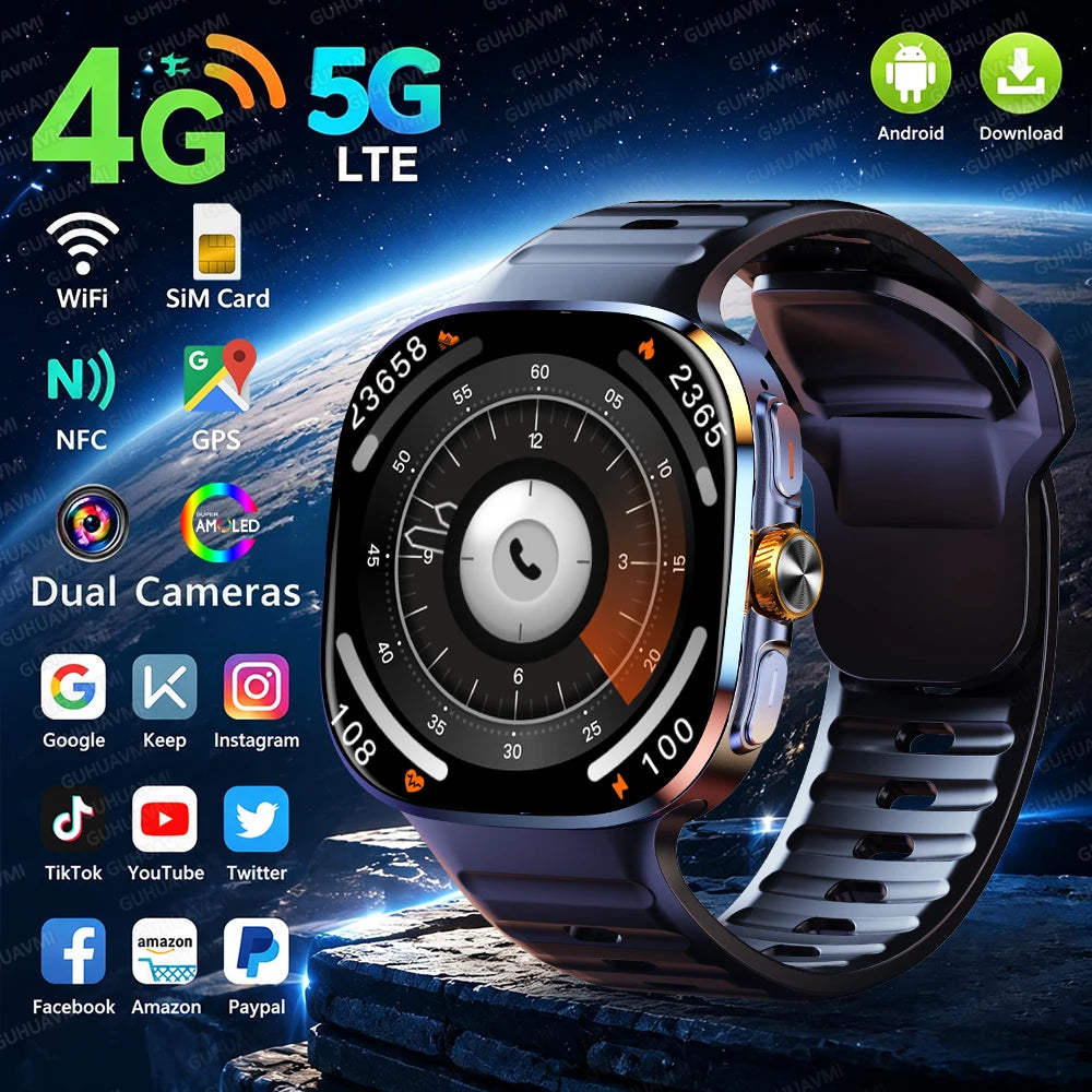 Smartklocka Herr 2026 – 4G/5G SIM, 8GB+128GB, 2,4" AMOLED, GPS, WiFi, Videosamtal & Android-appar