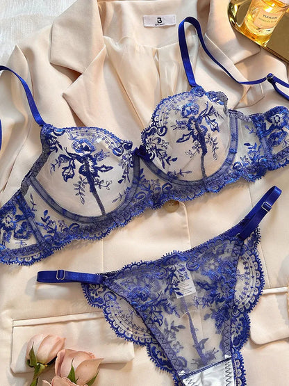 Conjunto Lencería Bordado Floral Transparente Aro Rejilla Copa Fina Sujetador Push Up Estilo Puro Deseo Ropa Interior Mujer S-XL