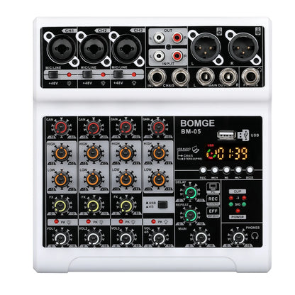 BOMGE 5 Channel Mixer with 3 Mic Line Input 48V Stereo Bluetooth MP3 PC U Dish Recording for Studio with Headphone Monitoring