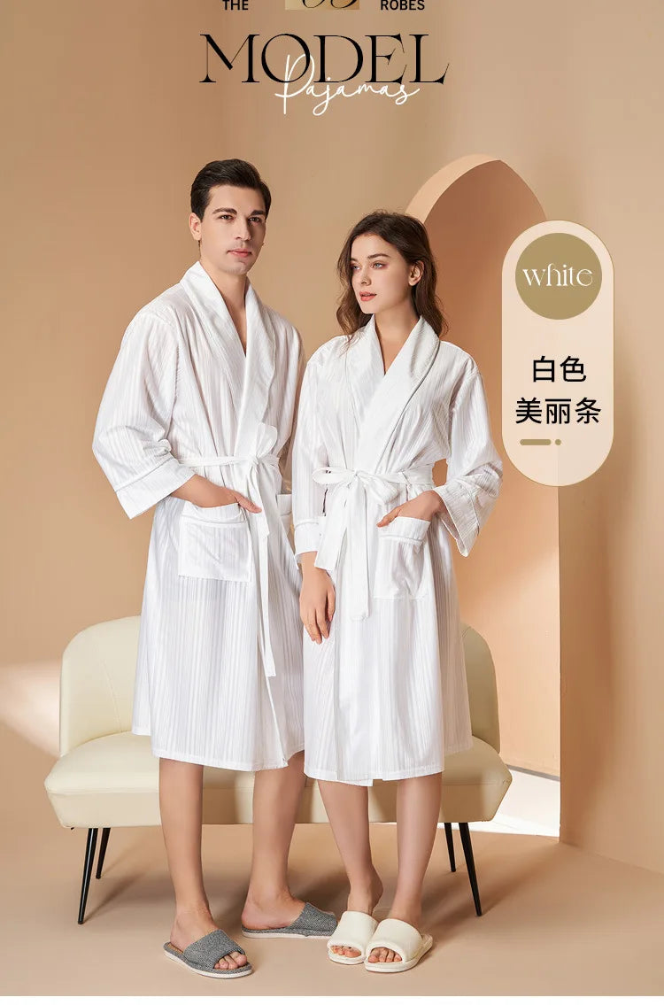 New Stripe Couple Bathrobe Cool Thin Spring Autumn Mid-Length Water Absorbent Loungewear Robe Men Women Luxury Home Nightgown