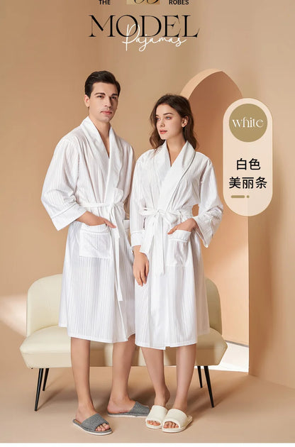 New Stripe Couple Bathrobe Cool Thin Spring Autumn Mid-Length Water Absorbent Loungewear Robe Men Women Luxury Home Nightgown
