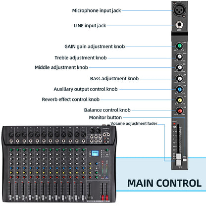 Audio Mixer 6/8/12 Channels Professional DJ Mixer LR Microphone/Line Input, AUX, FX Processor MP3, Headphones, +48V Phantom