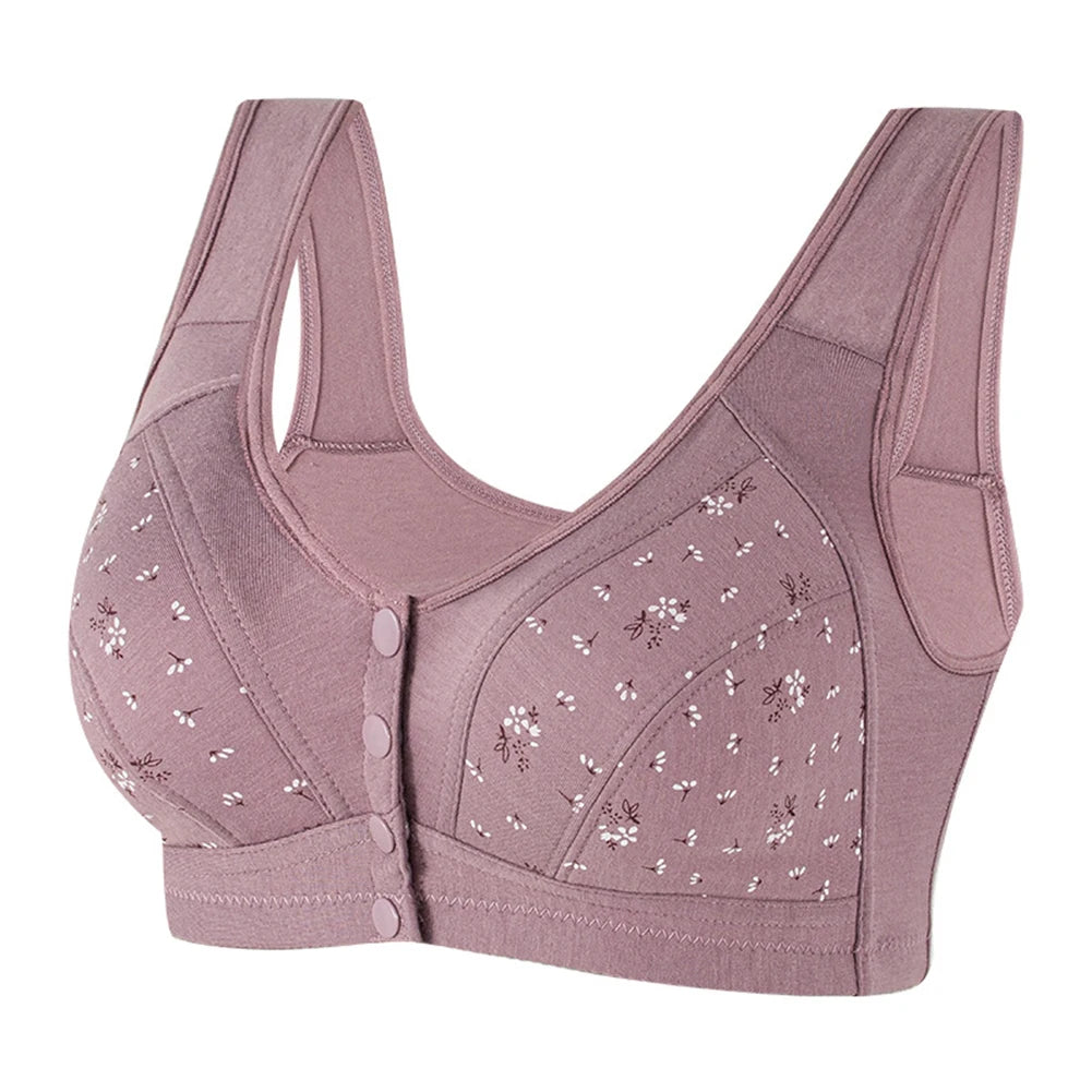Deep V Neck Bra Skin Color Elderly Bra Cotton Fabric Front Buckle Closure Full Cup Design Regular Length Solid Color