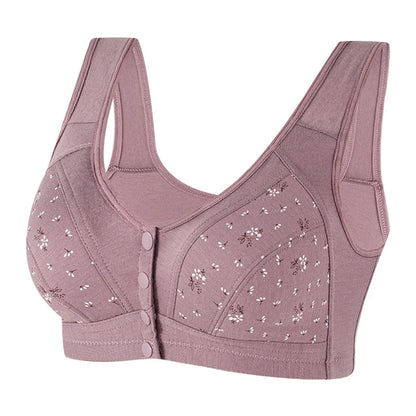 Deep V Neck Bra Skin Color Elderly Bra Cotton Fabric Front Buckle Closure Full Cup Design Regular Length Solid Color