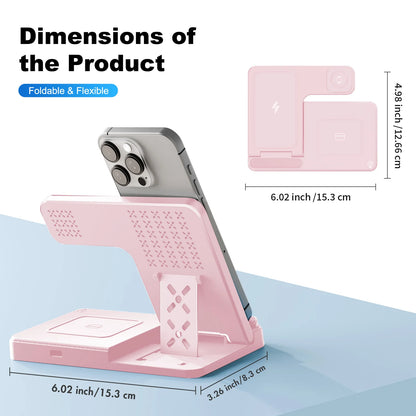 15W Magnetic Wireless Charger Stand Foldable 3 In 1 Fast Charging Sation for iPhone 17- 12 Pro Max Apple Watch 8 7 Airpods Pro