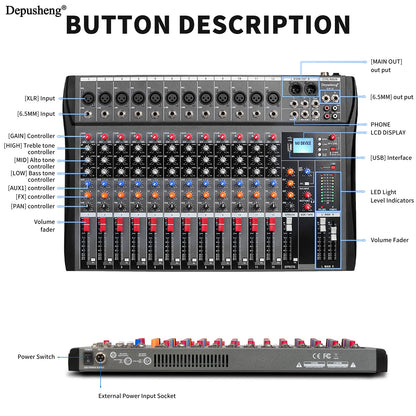 6/8/12/16 Channel Depusheng Audio Mixer Professional  Sound Board DJ Mixing Console System Interface USB MP3 Input Bluetooth 48V