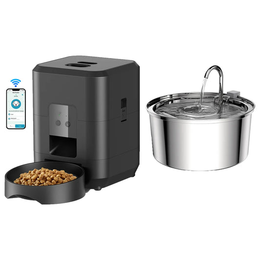 ZKYJ Smart Husdjursstation – 3,5L Automatisk Matare (WiFi/Tuya, LCD, Tidsinställning, Rostfritt Stål) + 2L Vattenfontän (4-filter, 3 Flödeslägen), Katt & Hund