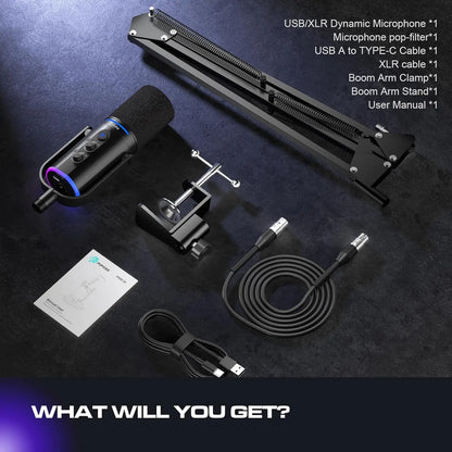 XLR/USB Gaming Microphone Kit: Dynamic PC Mic for Streaming Podcasting,  Mute Button, Reverb Effects, RGB Computer Mic with Arm