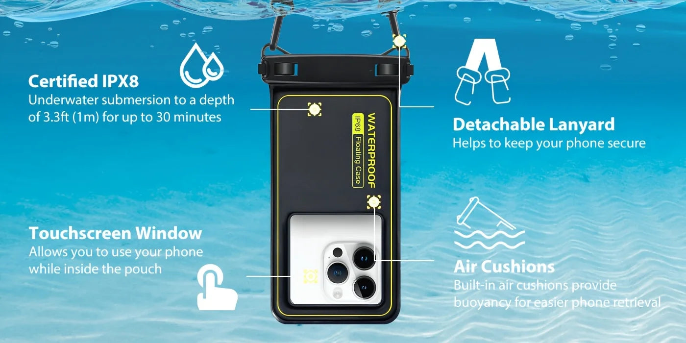 Vattentätt Mobilfodral med Flytfunktion & Justerbar Rem – Dubbelhake, Touchkänslig, Strand & Simning