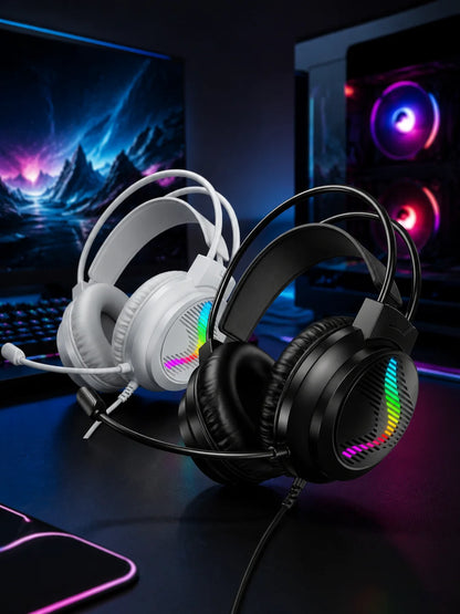 AKKHOO Gaming Headset 3,5mm RGB – 360° Roterbar Mikrofon Minnesskum CE/RoHS Internetcafé Gaming Svart Vit