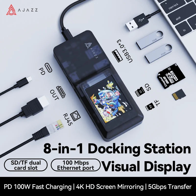 AJAZZ AKP01E USB-C-dockningsstation 8-i-1 med skärm och kortläsare