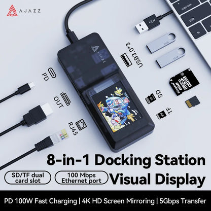AJAZZ AKP01E USB-C-dockningsstation 8-i-1 med skärm och kortläsare