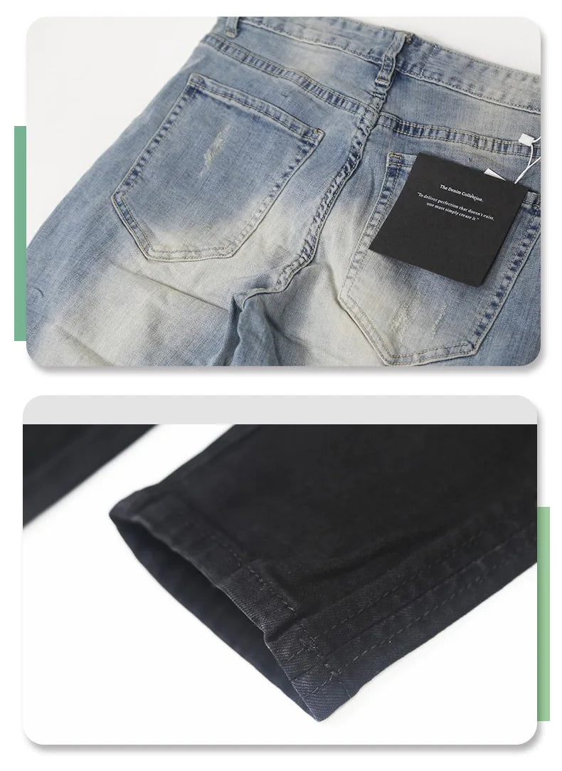 2026 High Quality Men's Jeans Pure Black Ripped Stretch Jeans Men Denim Trousers High Street Style Hip Hop Street Dance Man Jean