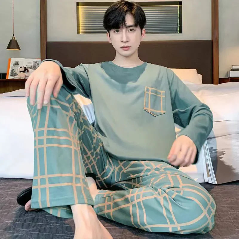 Herr Pyjamas Set Vår & Höst – Långärmad O-ringning & Rutiga Byxor Tunn, 5 Färger L–4XL