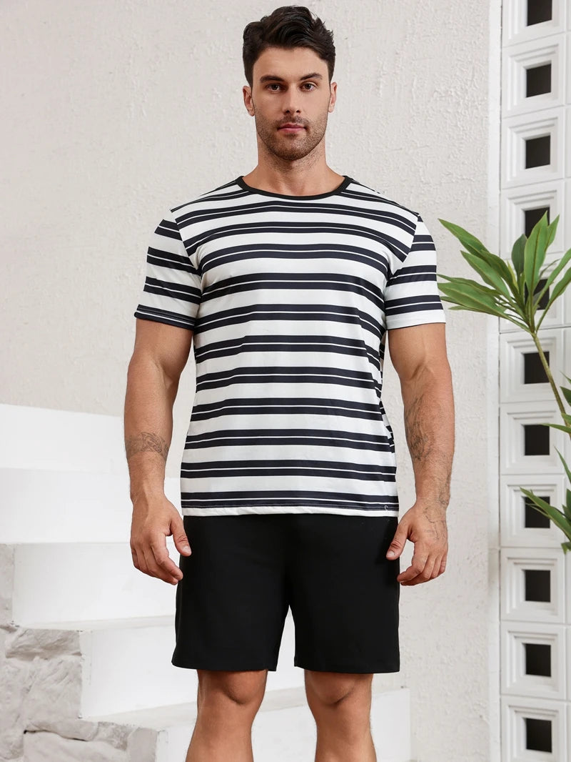 Herr Pyjamas Set Rutig – Kortärmad Topp & Shorts Hudvänlig Avslappnad, 11 Färger S–4XL