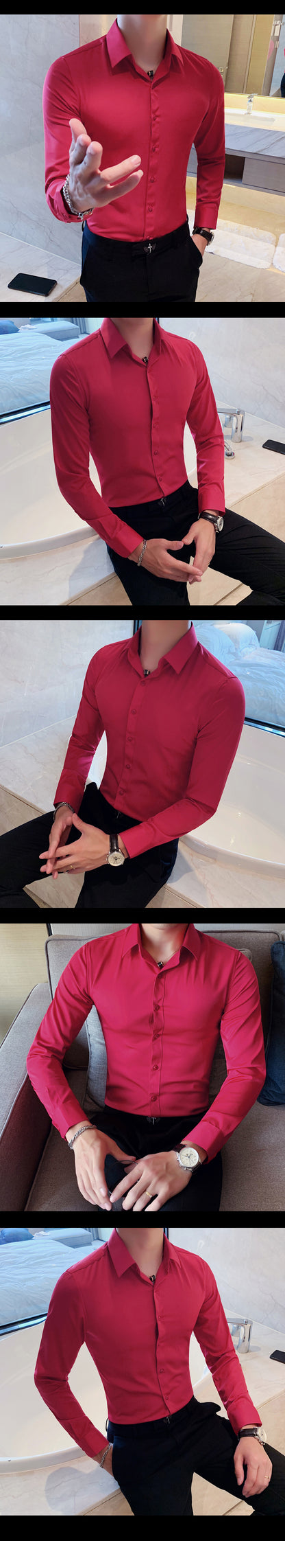 Boutique Fashion Solid Color Formal Wedding Dress Men's Long-sleeved Shirts Club Banquet Party Social Male Shirt