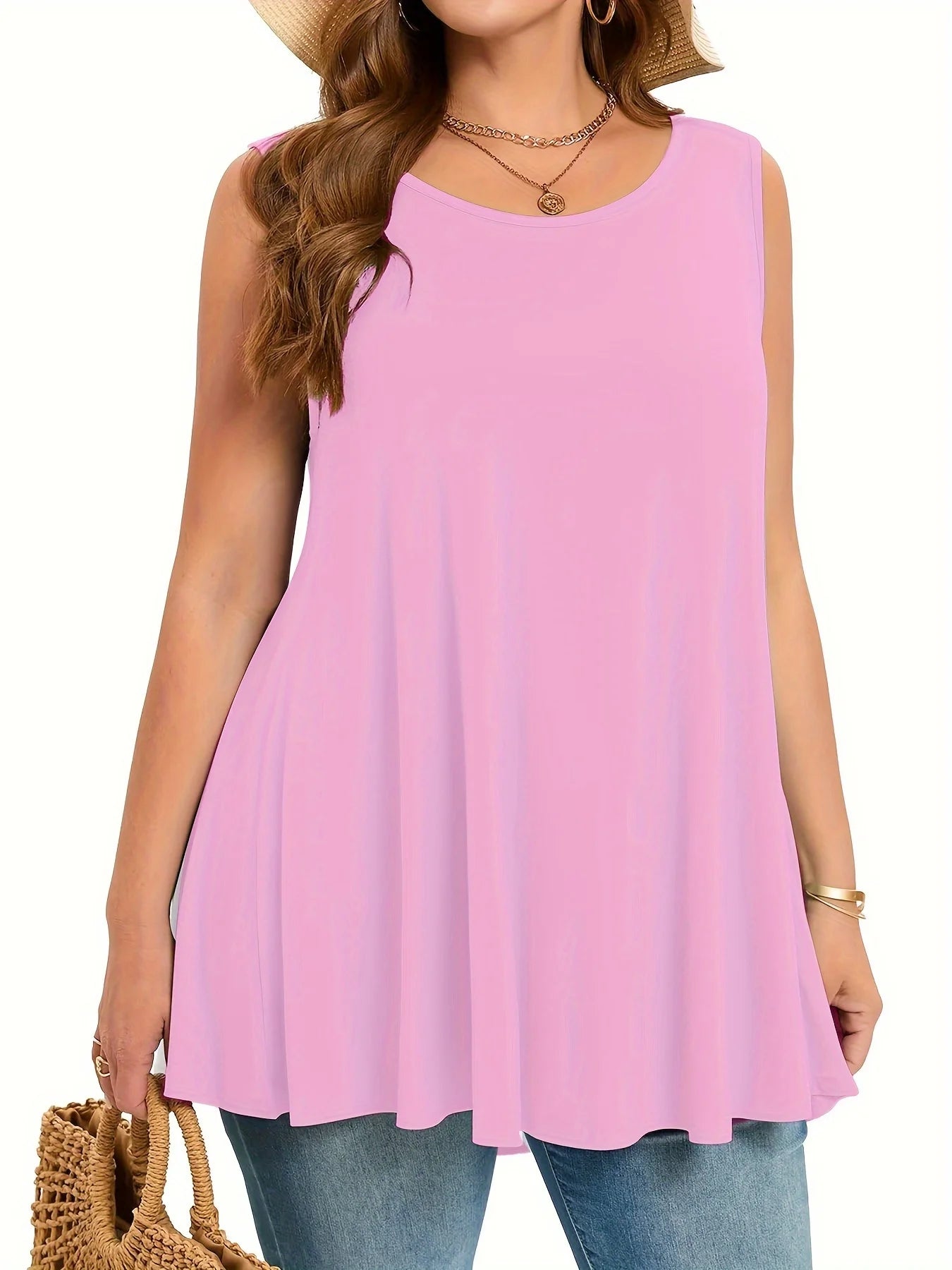 Plus Size Simple Solid Tank Top Casual Crew Neck Sleeveless Tank Top For Summer Women's Plus Size Clothing