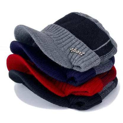 Hot Sale Unisex Warm Winter Hat With Brim Plush Fur Lined Knit Cap Sports Label Thicken Winter Hats For Men