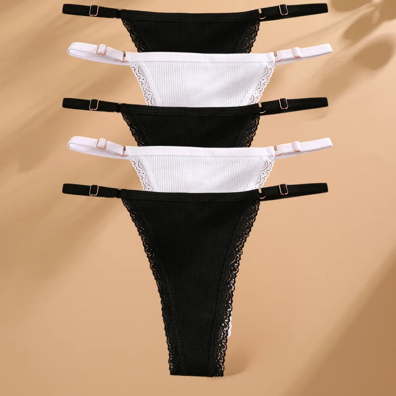 FINETOO 5PCS/Set Sexy G-string Panties Cotton Women's Underwear Adjustable Waist Girl Female Pantys Bikini Lady Thongs Lingerie