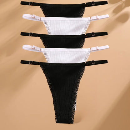 FINETOO 5PCS/Set Sexy G-string Panties Cotton Women's Underwear Adjustable Waist Girl Female Pantys Bikini Lady Thongs Lingerie
