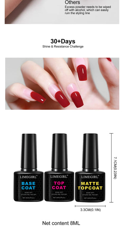 LIMEGIRL 8ml Soak Off Matte Top Base Coat for Nails UV Gel Polish Semi Permanent Functional Manicure Top Base Coat Varnish