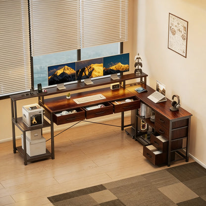 Reversible L-Shaped Gaming Desk 148cm Ultra-Wide Rgb Led App 2*Socket USB 7 Drawers Brown Grey Monitor Stand