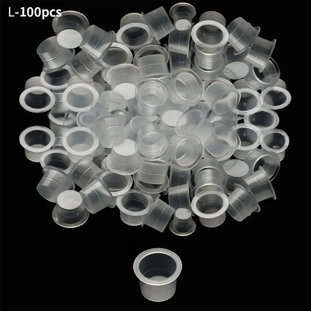 100Pcs Tattoo Ink Caps Disposable Plastic Cups Body Art Tattoo Pigment Cups Container Holder Stand Makeup Tattoo Supplies L/M/S