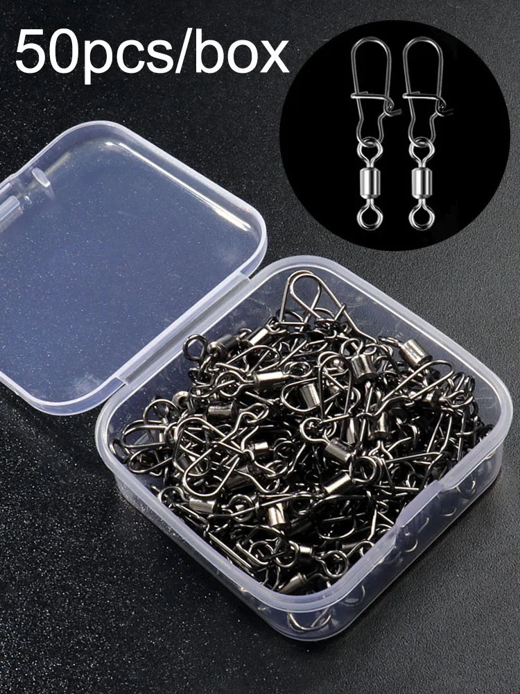 50pcs/box Swivel Snap Connector Pin Rolling Ring Fishing Tackle Box Buckle Hook Lure Kit Wire Rotate Bearing Pesca Tool Gear