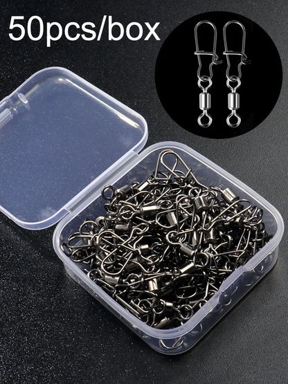 50pcs/box Swivel Snap Connector Pin Rolling Ring Fishing Tackle Box Buckle Hook Lure Kit Wire Rotate Bearing Pesca Tool Gear